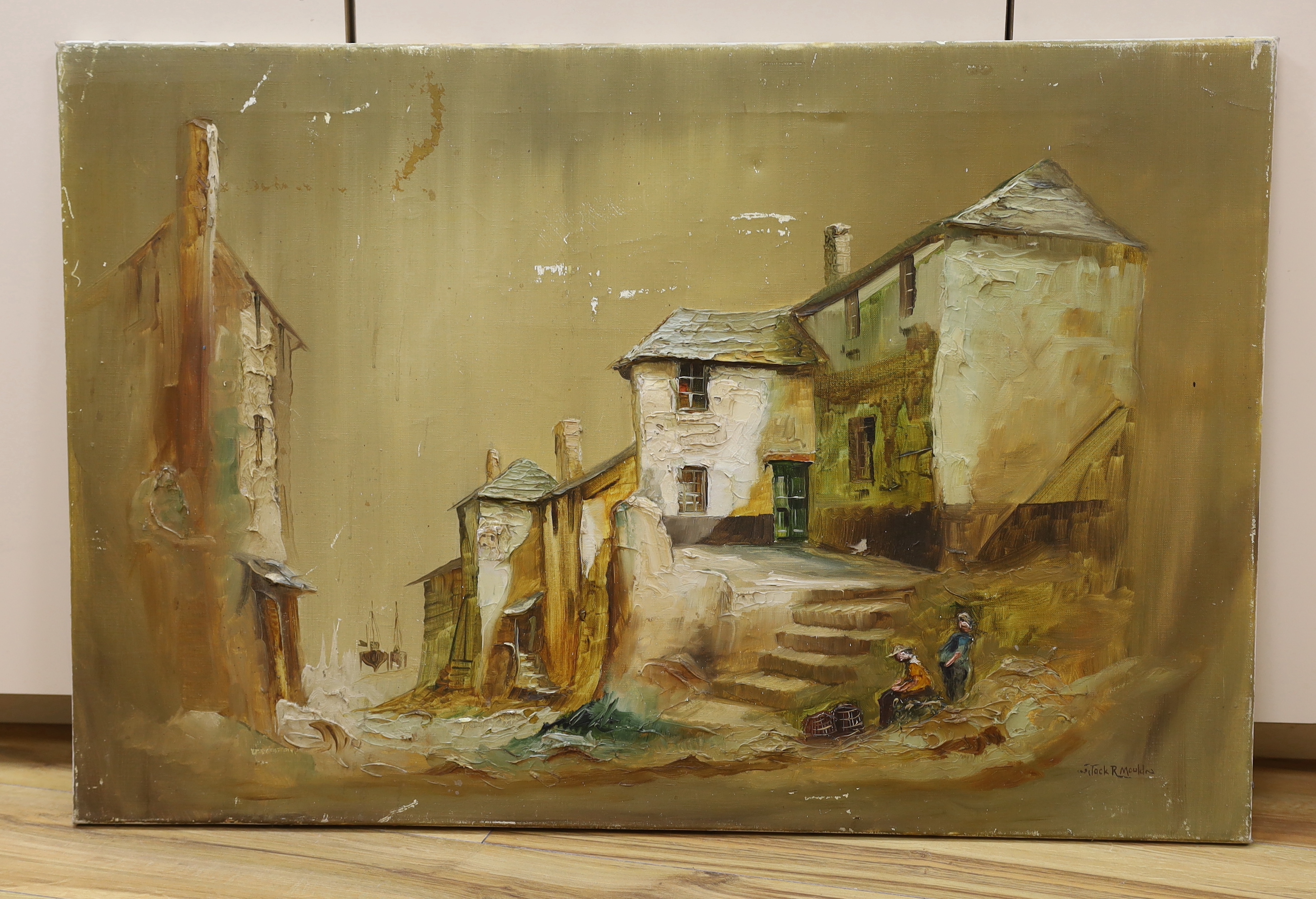 Jack R. Mould (1928-1998), impasto oil on canvas, Cottages before a harbour, signed, 90 x 60cm, unframed